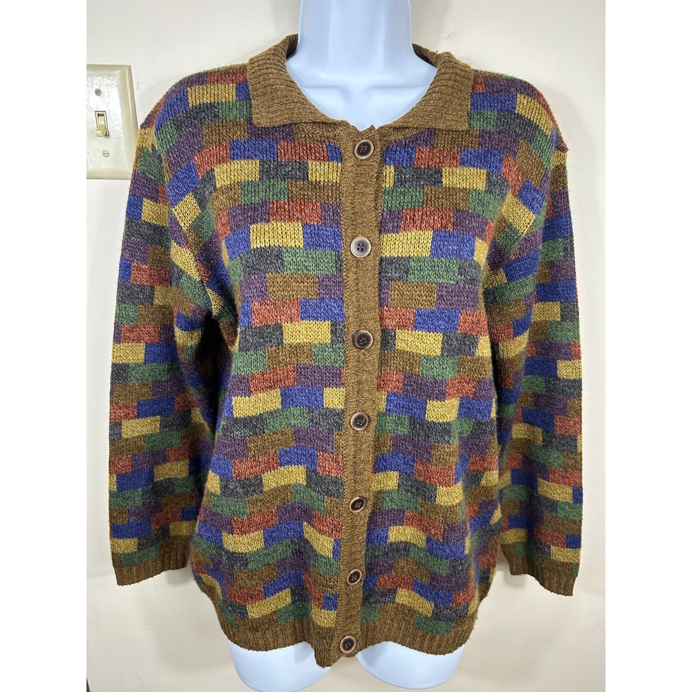 Adolfo Sport Cardigan Women S Brown Multi Color Block Wool Blend VTG Autumn Fall
